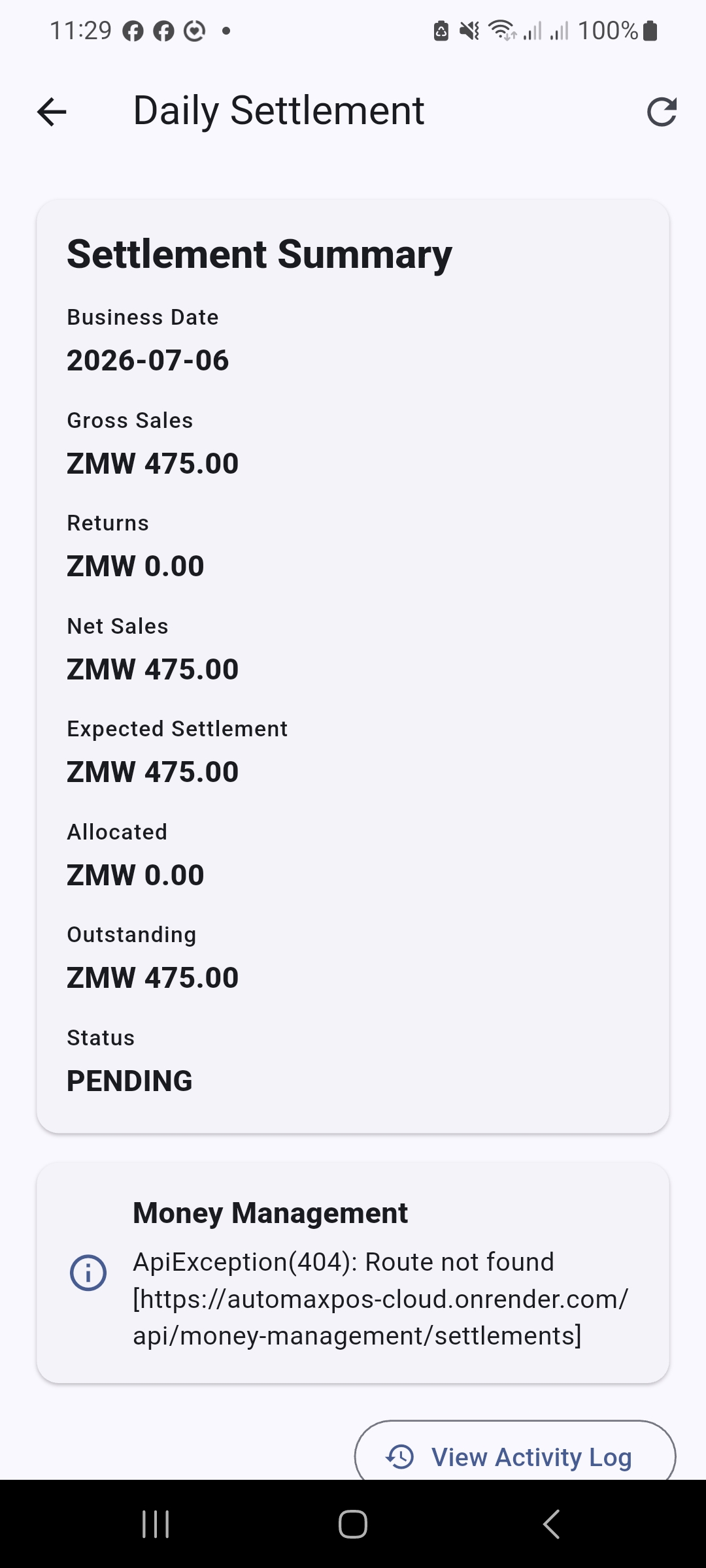 AutoMax Branch Agent settlement summary on Android
